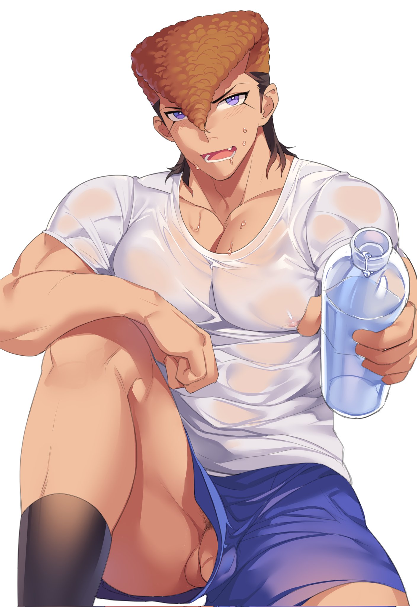 1boy, balls, bara, big balls, big penis, blue shorts, danganronpa, danganronpa: trigger happy havoc, etap, freeballing, hi res, looking at viewer, male, male focus, male only, mondo oowada, muscles, muscular, muscular male, nipples, no underwear, orange hair, penis, penis out, penis peek, plain background, pompadour, pov, purple eyes, see-through, shorts, solo, sweat, tan skin, upshorts, wardrobe malfunction, water bottle, wet, wet clothes, wet shorts, white background, yaoi