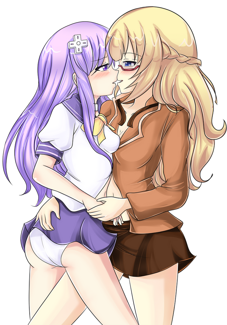 /// 2girls bad_anatomy bad_end black_eyebrows blonde_hair blue_eyes blush breasts cosplaying d-pad d-pad_hair_ornament female female/female glasses hair hyperdimension_neptunia imminent_kiss nepgear neptunia_(series) panties planeptune purple_eyes purple_hair red_glasses school_uniform skirt small_breasts standing_up transparent_background vert yuri