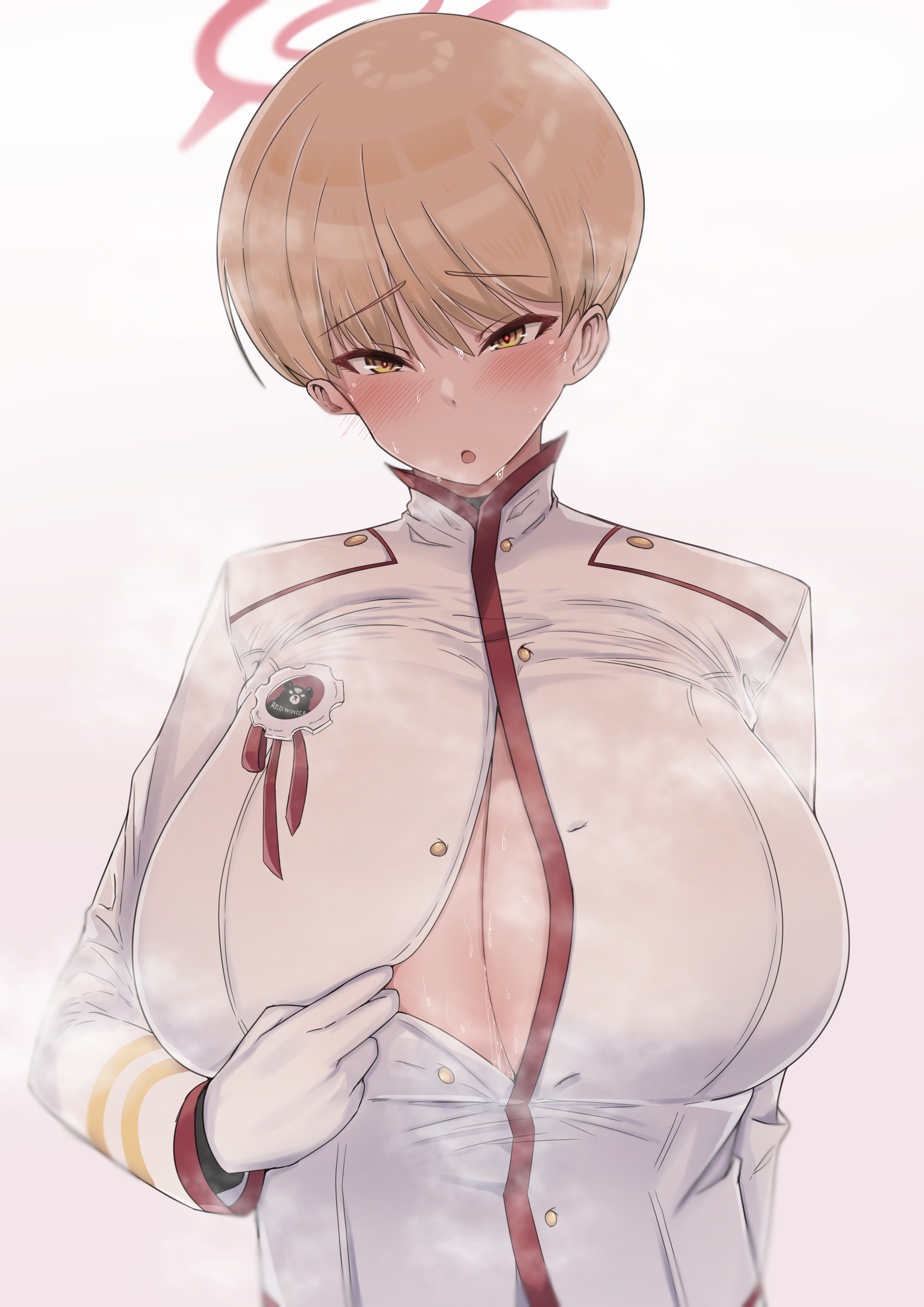 1girls, big breasts, blue archive, breasts, button gap, cleavage, curvaceous, curvy, curvy body, curvy female, curvy figure, female, female focus, female only, fuzinoe 13b, giant breasts, horny, horny female, huge breasts, marina (blue archive), red winter federal academy logo (blue archive), red winter federal academy student, red winter office (blue archive), short hair, solo, solo female, venus body, very short hair, voluptuous