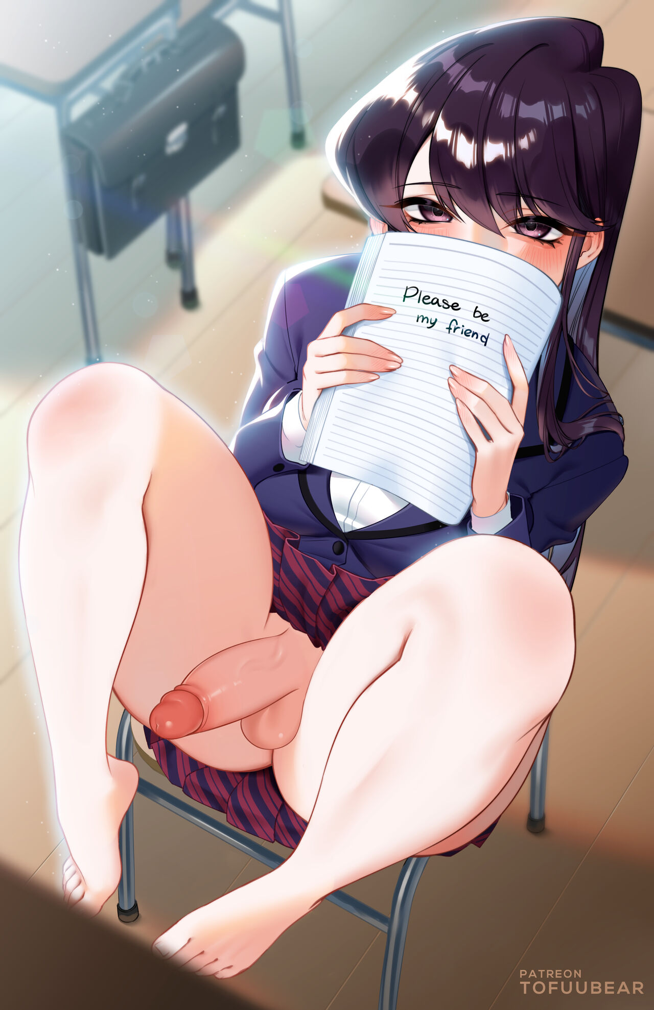 1futa, 2021, balls, big breasts, big penis, black hair, bottomless, breasts, classroom, clothed, clothing, erection, futa only, futanari, human, intersex, komi shouko, komi-san wa komyushou desu, legs up, light skin, light-skinned futa, long hair, looking at viewer, masturbation, mostly clothed, on back, paid reward, penis, presenting, presenting penis, sign, skirt, solo, spread legs, thick thighs, tofuubear