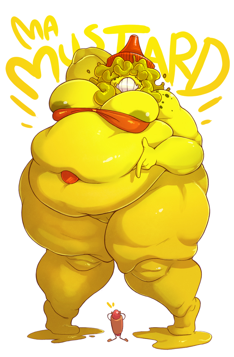 carmessi chubby_female condiment exposed_nipples freckles hornymustardsauce hotdog huge_belly larger_female mustard overweight overweight_female smaller_ambiguous yellow_body