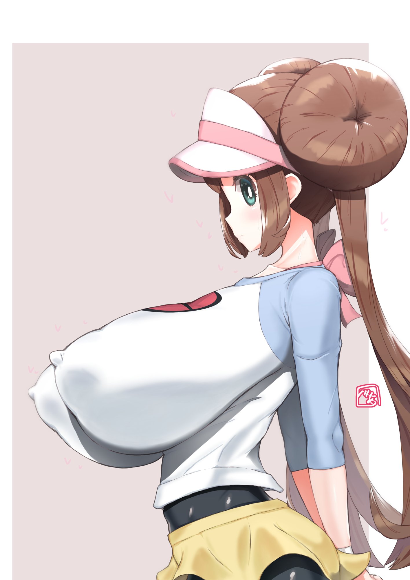 1girls, 2022, absurd res, areolae, arms behind back, bea (adfhbcf4326), blue eyes, blush, bra, bra strap, breasts, clothing, double bun, erect nipples, erect nipples under clothes, female, female only, flying sweatdrops, gigantic breasts, hat, heart, highres, huge breasts, human, human only, long hair, long twintails, looking at viewer, nintendo, nipples, pantyhose, pink bra, pokemon, pokemon bw2, puffy areola, rosa (pokemon), shirt, short shorts, shorts, side view, signature, simple background, skin tight, solo, sweat, sweatdrop, thin waist, tied hair, tight clothing, twintails, v arms, very long hair, visor cap, voluptuous, white border, wristband