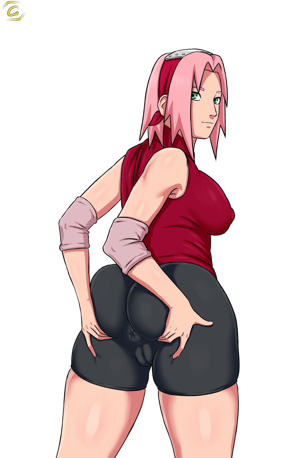 1girls, anus, ass, bike shorts, elbow pads, female, female only, from behind, green eyes, grizzlyart, long hair, naruto, naruto (series), naruto shippuden, no bra, no panties, pink hair, presenting, presenting ass, pussy, sakura haruno, shirt, sleeveless, sleeveless shirt, smile, solo, solo focus, spread ass, spreading, standing