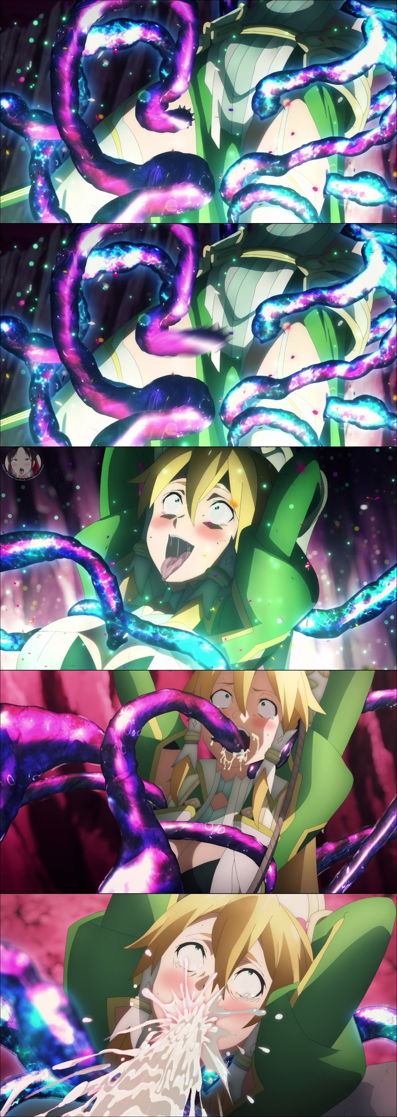 absurdres, ahe gao, bangs, blonde hair, blush, bondage, breasts, cleavage, cum, cum in mouth, dress, excessive cum, fellatio, female, green dress, green eyes, highres, hip vent, irrumatio, kirigaya suguha, large breasts, leafa, leafa (terraria) (sao), open mouth, oral, rape, rolling eyes, screencap, stitched, sword art online, sword art online: alicization, tentacle, tentacle sex, thighhighs, thighs, third-party edit, tongue, tongue out, white legwear