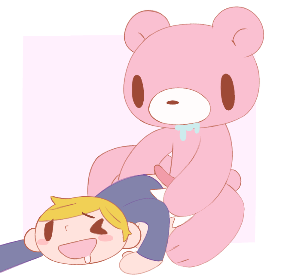 bear blonde_hair blue_clothing bodily_fluids clothed clothing drooling duo fur genitals gloomy_bear hair human linen_lolita male male/male mammal no_mouth open_mouth penis penis_on_butt pink_body pink_fur saliva simple_background ursid white_background young