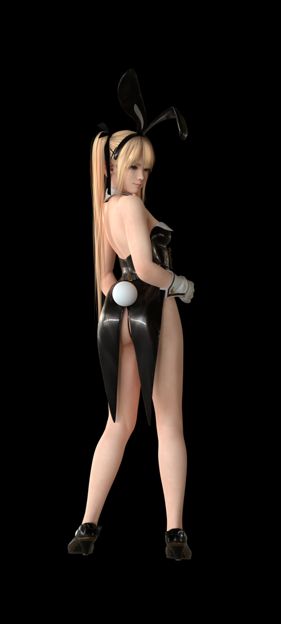 1girls, 3d, artist request, ass, black background, blonde hair, blue eyes, breasts, bunny ears, bunny girl, bunny tail, bunnysuit, clothed, clothing, dark background, dead or alive, detached collar, female, female only, gloves, hair ribbon, high heels, leotard, long hair, looking back, marie rose, petite, small breasts, solo, twintails, wrist cuffs
