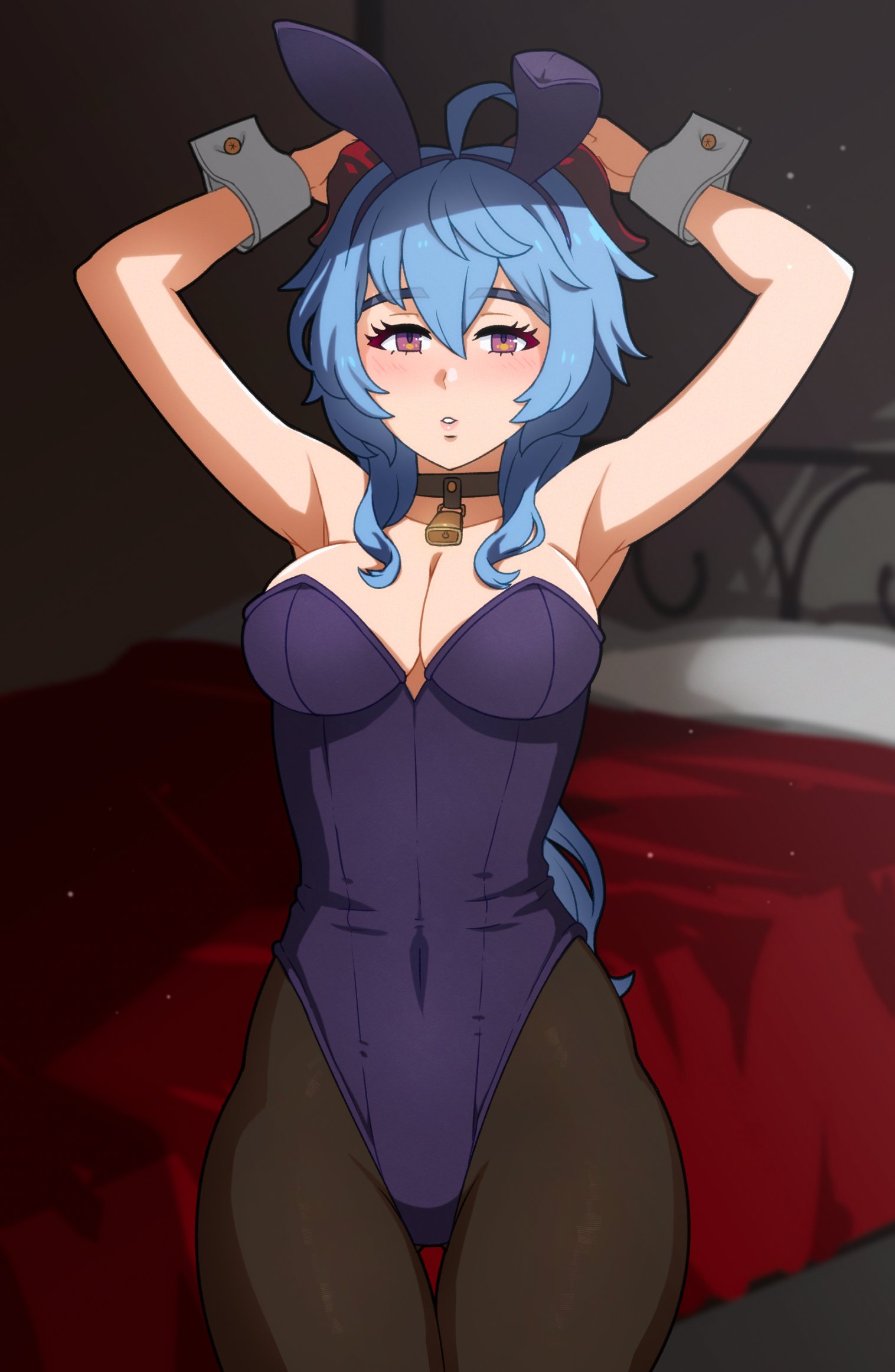 akairiot, alternate costume, blue hair, breasts, bunny ears, bunny girl, bunnysuit, clothed, clothing, female, ganyu (genshin impact), genshin impact, looking at viewer, solo, tagme