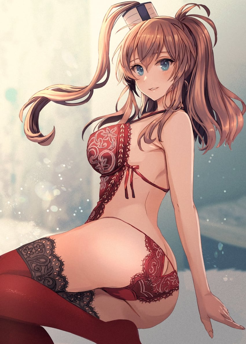 1girls, ass, ass cleavage, ass crack, blue background, blue eyes, blurry, blurry background, breasts, brown hair, butt crack, female, hair between eyes, highres, kantai collection, kasumi (skchkko), lace trim, large breasts, lingerie, panties, ponytail, red legwear, red panties, saratoga (kantai collection), side ponytail, sidelocks, thighhighs, underwear, yellow background