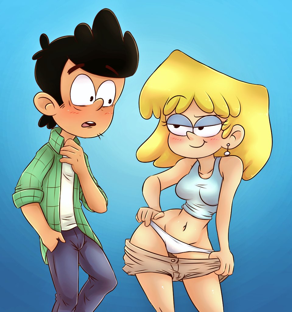 1boy 1girls 2020 :t blonde_female blush bobby_santiago couple drawsoyeah earrings erection_under_clothes female fully_clothed imminent_sex lori_loud nervous nickelodeon panties signature smile striptease taking_clothes_off teasing the_loud_house voluptuous