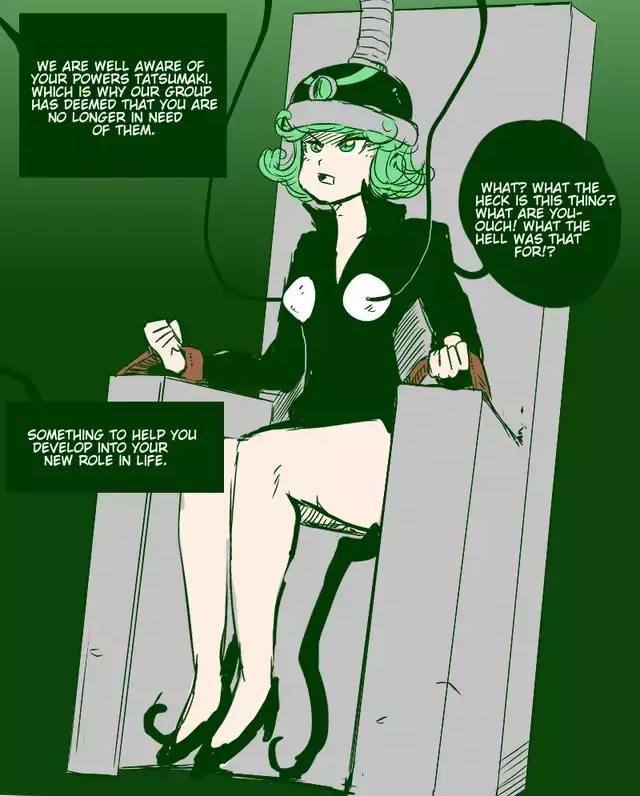 1girls, bimbo, bimbofication, bound to chair, breasts, comic, corruption, dialogue, english text, female, female focus, green eyes, green hair, helmet, high heels, hypnotic accessory, one-punch man, shishikasama, short hair, small breasts, tatsumaki, tech control, torture