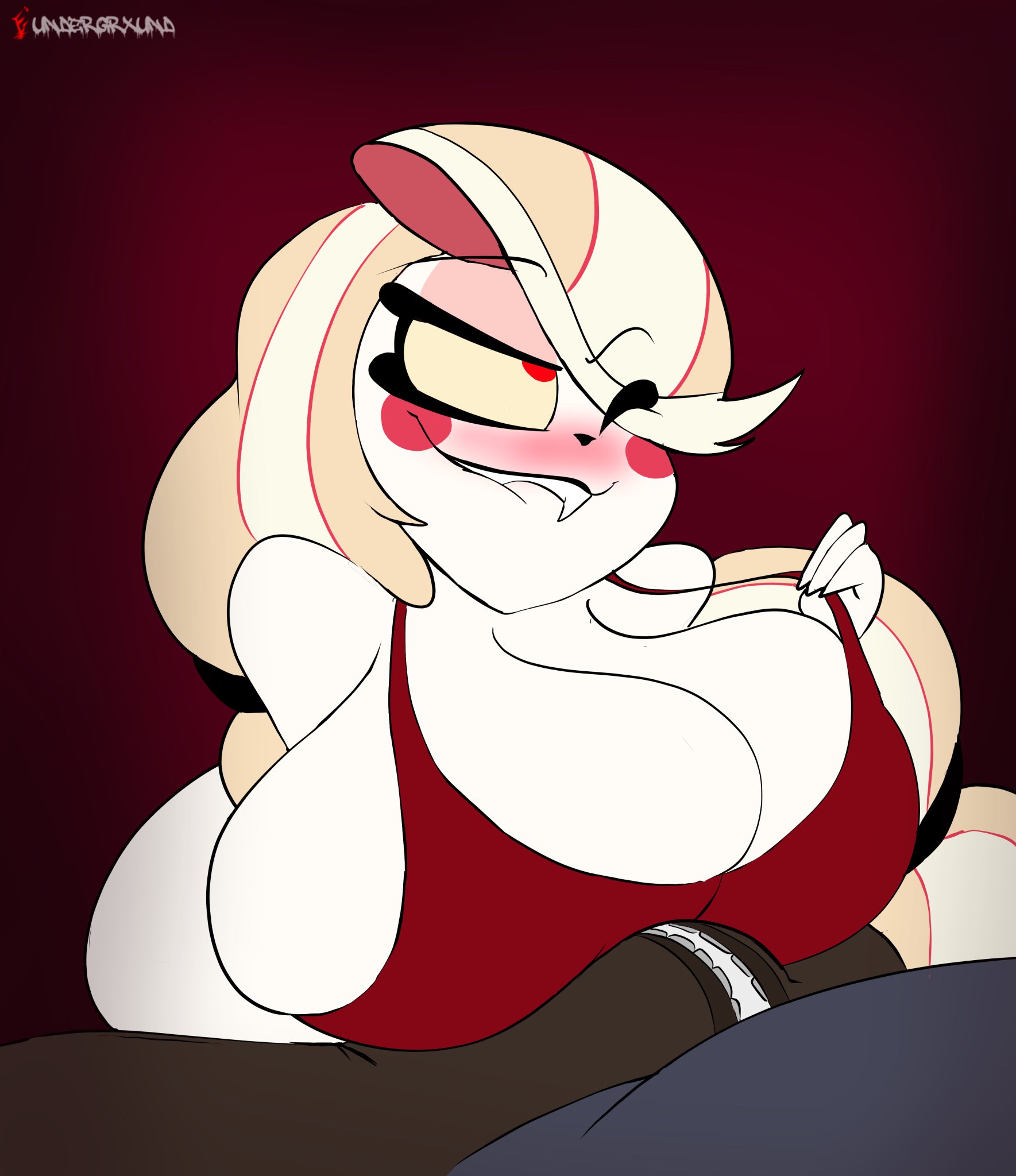 1boy, 1girls, ass, big ass, big breasts, big penis, biting lip, blonde hair, breasts, bulge, charlie morningstar (hazbin hotel), clothed, clothing, deep cleavage, demon, demon girl, female, hazbin hotel, lip biting, lips, long hair, male, male/female, neckline, penis, penis bulge, red cheeks, red eyes, seductive, seductive eyes, seductive look, seductive mouth, seductive smile, simple background, small nose, smooth skin, tank top, teasing, underground (artist), unseen male face, wide hips, wink, winking