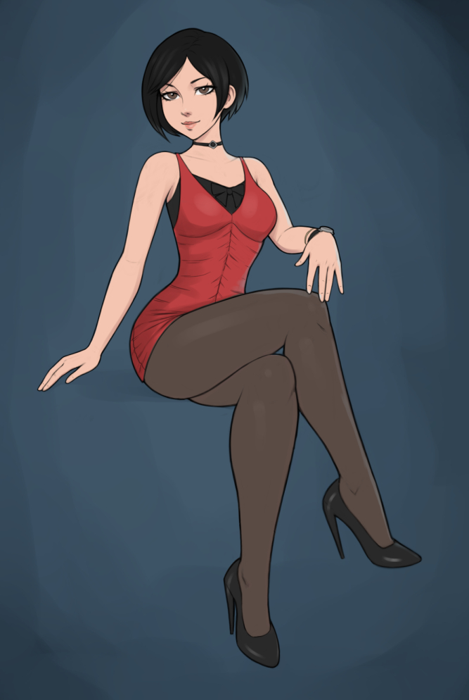 1girls, ada wong, ada wong (adriana), aesdev, asian, asian female, black eyes, black hair, capcom, choker, crossed legs, dress, female, female only, fully clothed, heels, looking at viewer, pantyhose, resident evil, resident evil 2, resident evil 2 remake, sitting, smile, smiling at viewer, solo, solo female, watch
