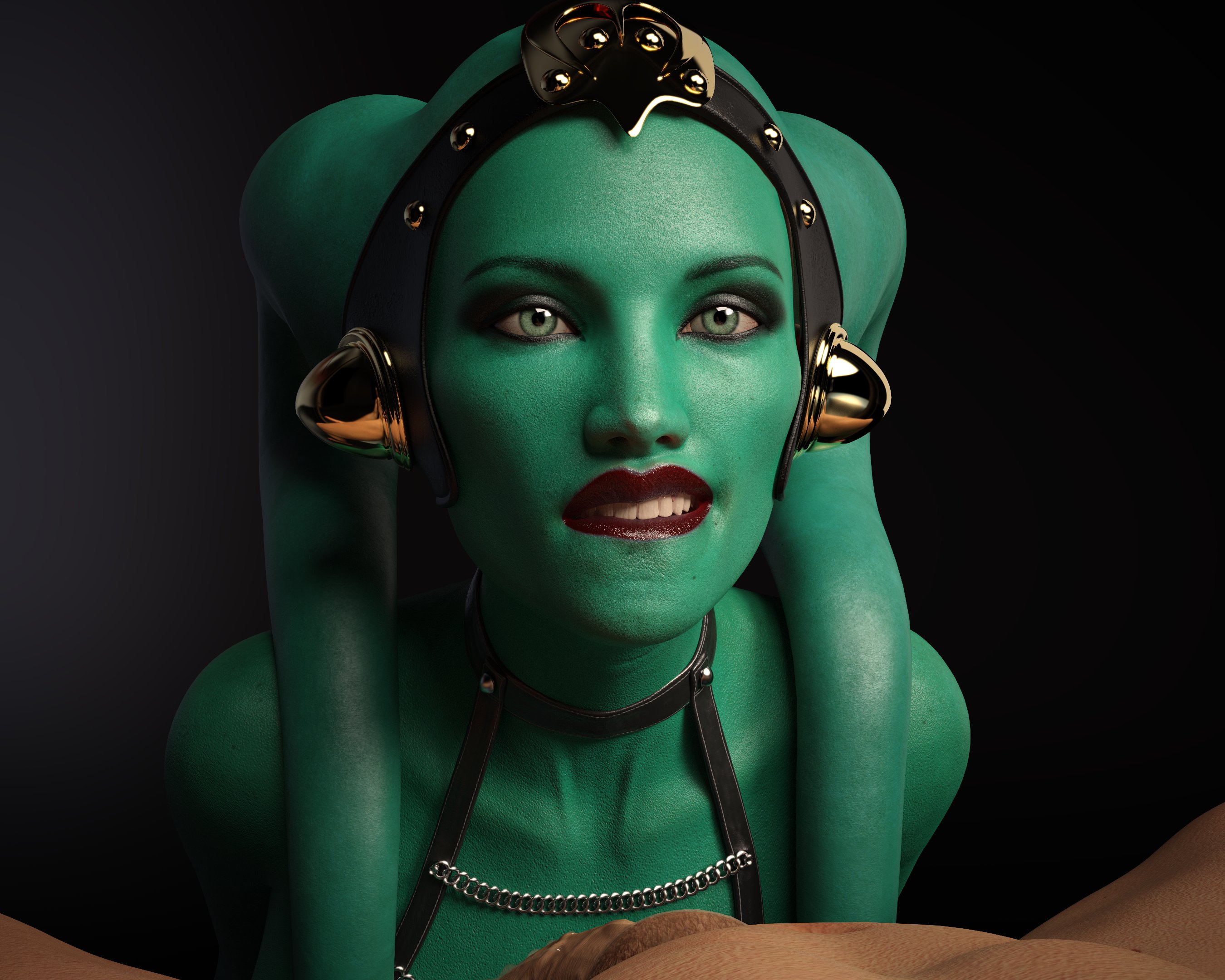 1boy, 1girls, 3d, alien, alien girl, athletic, athletic female, biting lip, close-up, dominant human, drinkerofskies, facing viewer, female, green skin, human, human male, imminent oral, interspecies, interspecies domination, lekku, light skin, light-skinned male, male, original character, simple background, slave, slave girl, star wars, twi'lek, unseen male face