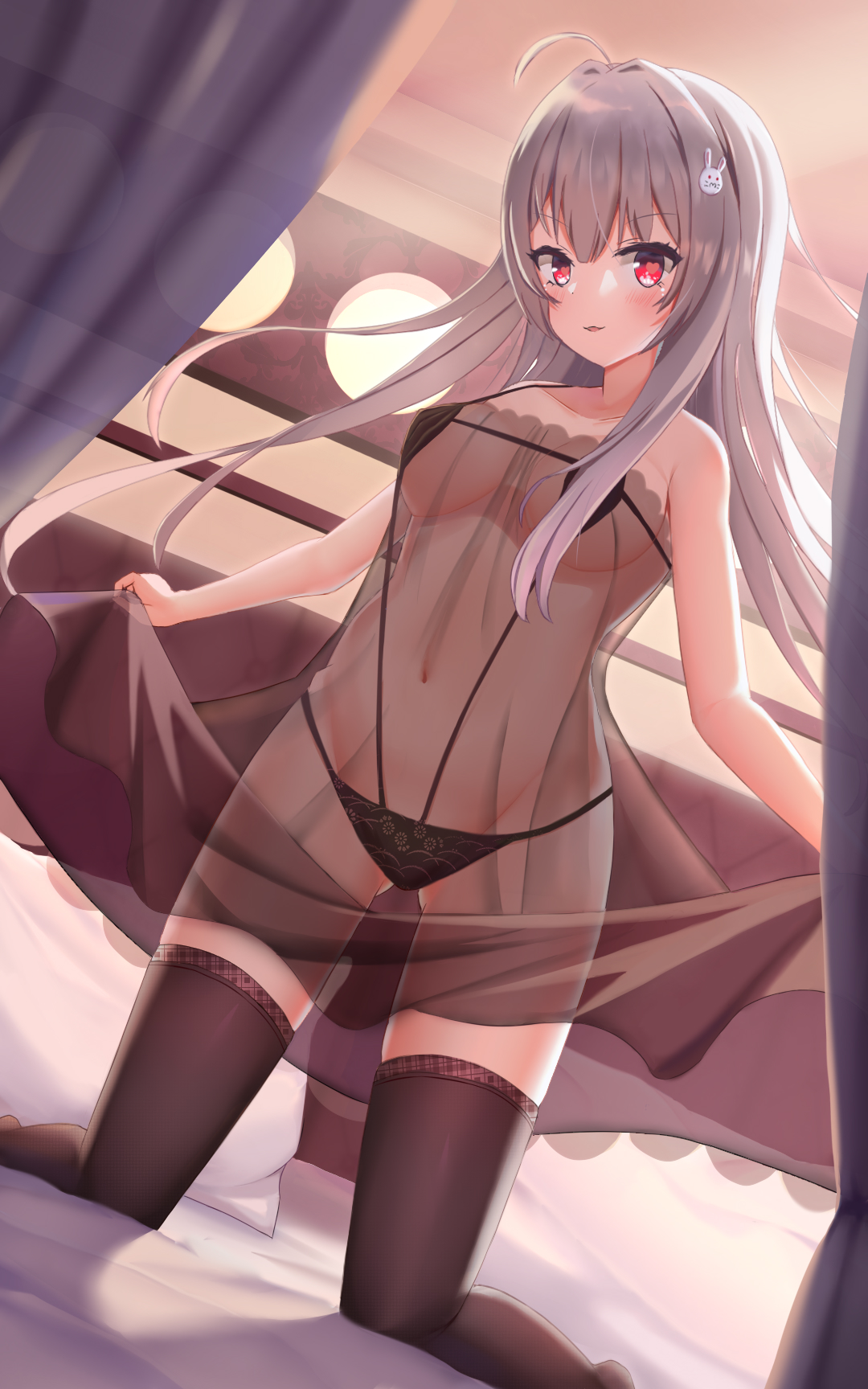 :3, ahoge, bed sheet, black legwear, black panties, breasts, bunny hair ornament, commentary request, covered navel, curtains, detailed background, dress, eyebrows visible through hair, female, fuli (user dxkx3245), gluteal fold, grey hair, hair between eyes, hair ornament, hair over shoulder, heart, heart-shaped pupils, highres, indoors, kneeling, lifted by self, light, long hair, looking at viewer, medium breasts, micro bra, navel, open mouth, original, panties, pillow, red eyes, revealing clothes, see-through, see-through dress, shadow, silver hair, solo, spread legs, symbol-shaped pupils, thick eyelashes, thighhighs, underwear