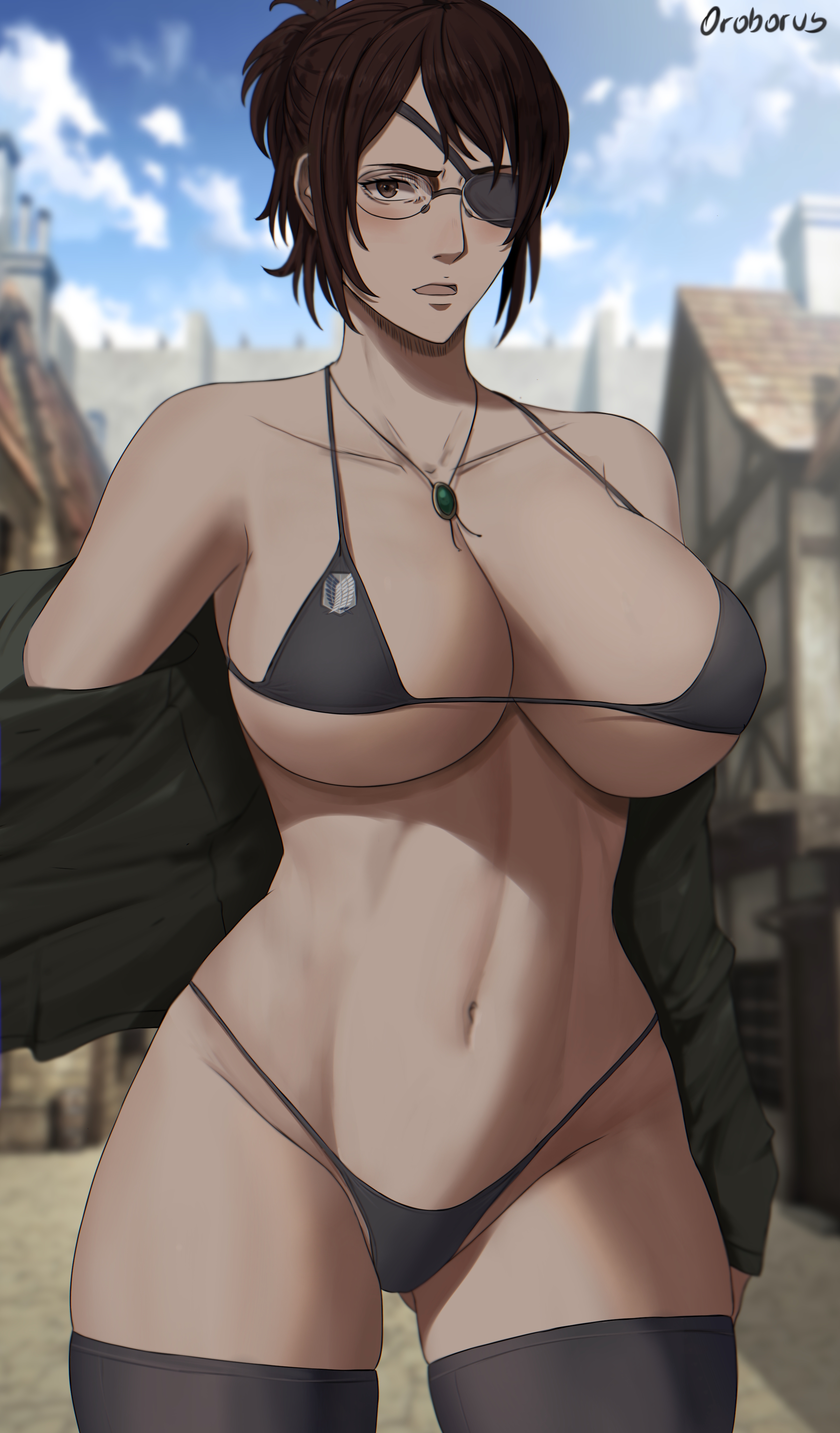 1girls, attack on titan, belly button, big breasts, bikini, breasts, brown eyes, brown hair, curvy, curvy figure, detailed background, eye patch, female, female only, glasses, hanji zoe, large breasts, looking at viewer, midriff, navel, necklace, oroborusart, savagexthicc, shingeki no kyojin, solo, solo female, thick, thick thighs, thighhighs, voluptuous