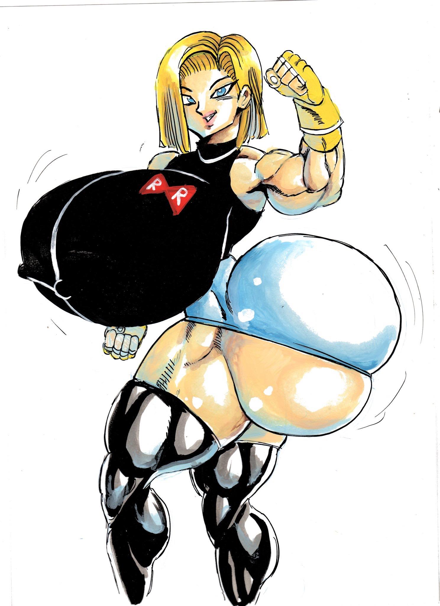 android 18, ass, ass built separately, bimbo, breasts, bubble ass, bubble butt, dragon ball, dragon ball z, female, goudadunn, huge ass, huge breasts, hyper, hyper ass, hyper bimbo, hyper breasts, muscular, muscular female, thin waist, watercolor (artwork)