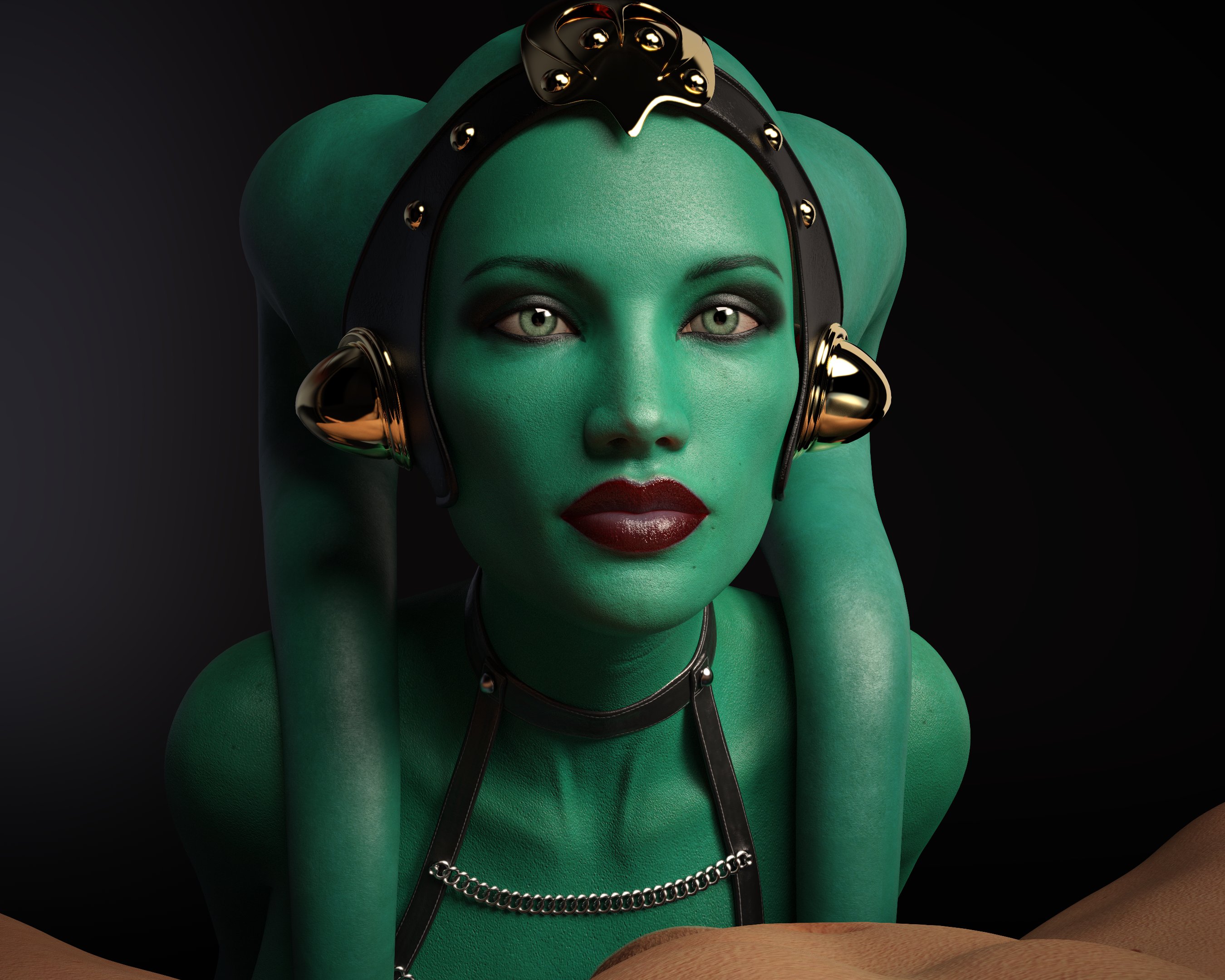 1boy, 1girls, 3d, alien, alien girl, athletic, athletic female, between thighs, dominant human, drinkerofskies, female, green skin, human, human male, imminent oral, interspecies, interspecies domination, lekku, light skin, light-skinned male, male, original character, slave, slave girl, star wars, twi'lek, unseen male face