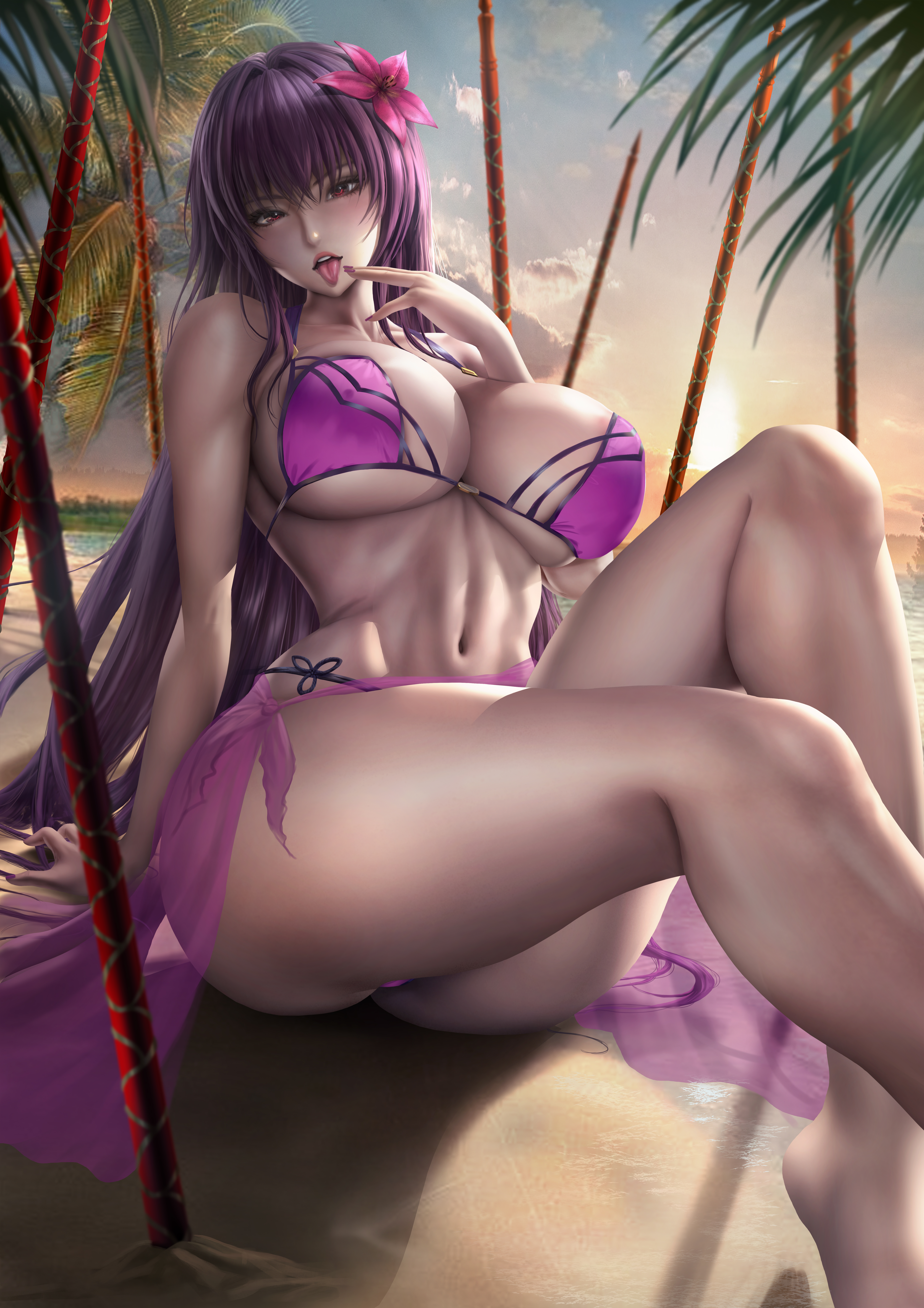 1girls, arm support, bangs, bare arms, bare shoulders, bare skin, bare thighs, beach, big breasts, bikini, bikini bottom, bikini skirt, bikini top, bra, breasts, busty, cleavage, clothed, clothing, fate (series), fate/grand order, female, female focus, female only, fit, fit female, flower, flower in hair, hair ornament, large breasts, legs, lexaiduer, light skin, light-skinned female, long hair, looking at viewer, navel, open mouth, palm tree, panties, purple hair, red eyes, sand, scathach (fate), scathach (swimsuit assassin), sitting, sitting down, sitting on ground, skirt, solo, solo female, solo focus, thick thighs, thighs, toned, toned female, toned stomach, tongue, tongue out, tropical, underwear
