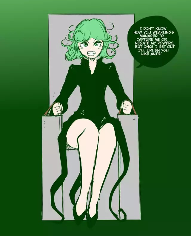 1girls, bimbo, bimbofication, bound to chair, breasts, comic, corruption, dialogue, english text, female, female focus, green eyes, green hair, looking at viewer, one-punch man, shishikasama, short hair, small breasts, tatsumaki, torture