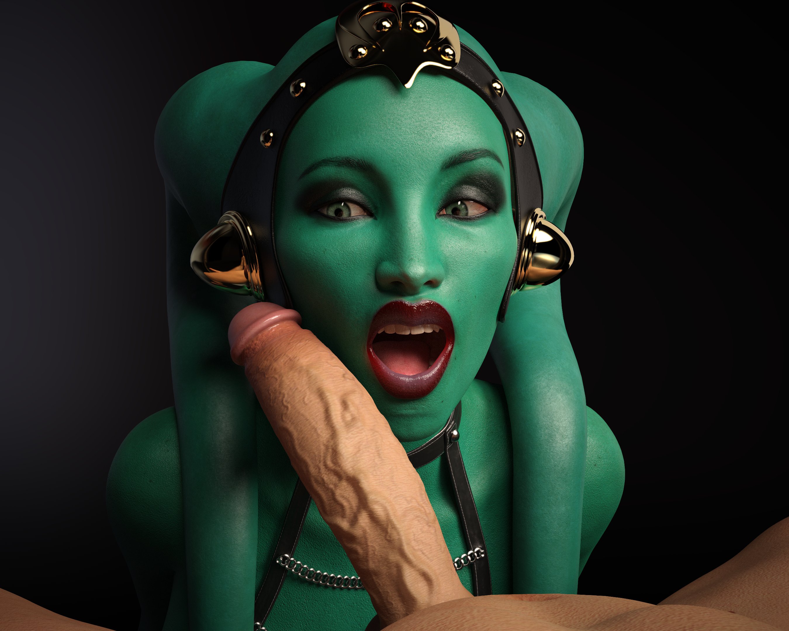 1boy, 1girls, 3d, alien, alien girl, athletic, athletic female, big penis, close-up, cock worship, dominant human, dominant male, drinkerofskies, facing viewer, female, green skin, human, human male, interspecies, interspecies domination, large penis, lekku, light skin, light-skinned male, male, mouth open, original character, penis, penis awe, slave, slave girl, star wars, thick penis, twi'lek, unseen male face, veiny penis