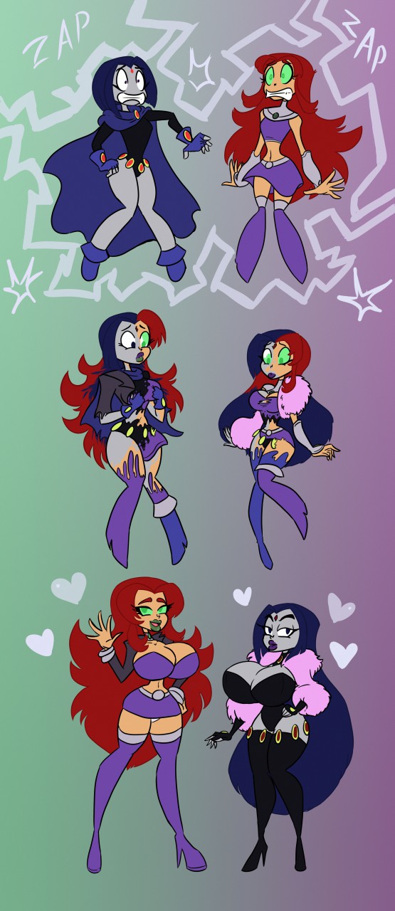 2girls alien alien_girl big_breasts bimbo bimbofication body_swap breast_expansion breasts cleavage da-fuze dc dc_comics female identity_death identity_swap rachel_roth raven_(dc) sequence skimpy starfire teen_titans transformation