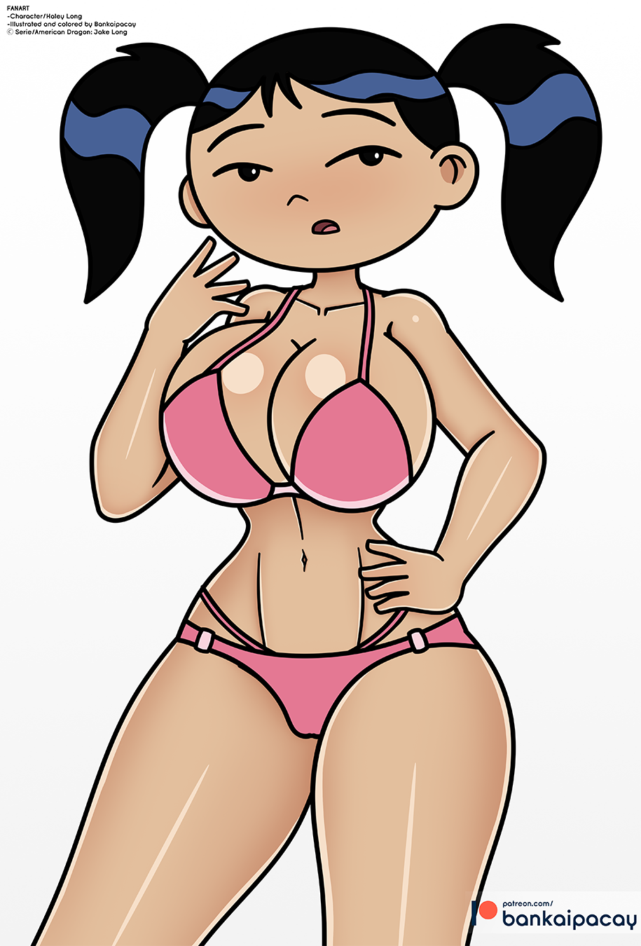 1girls 2022 aged_up american_dragon:_jake_long bankaipacay disney disney_channel female female_only haley_long large_breasts looking_at_viewer navel older_female pink_swimsuit simple_background swimsuit twintails white_background