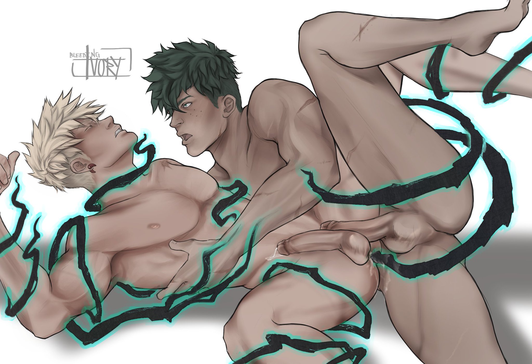 2boys, anal insertion, blackwhip, bleedingivory, blonde hair, completely nude, gay, genitals, izuku midoriya, katsuki bakugou, leg up, male, male only, male/male, my hero academia, naked, nude, nude male, penis, quirk (mha), spiky hair, white background, yaoi