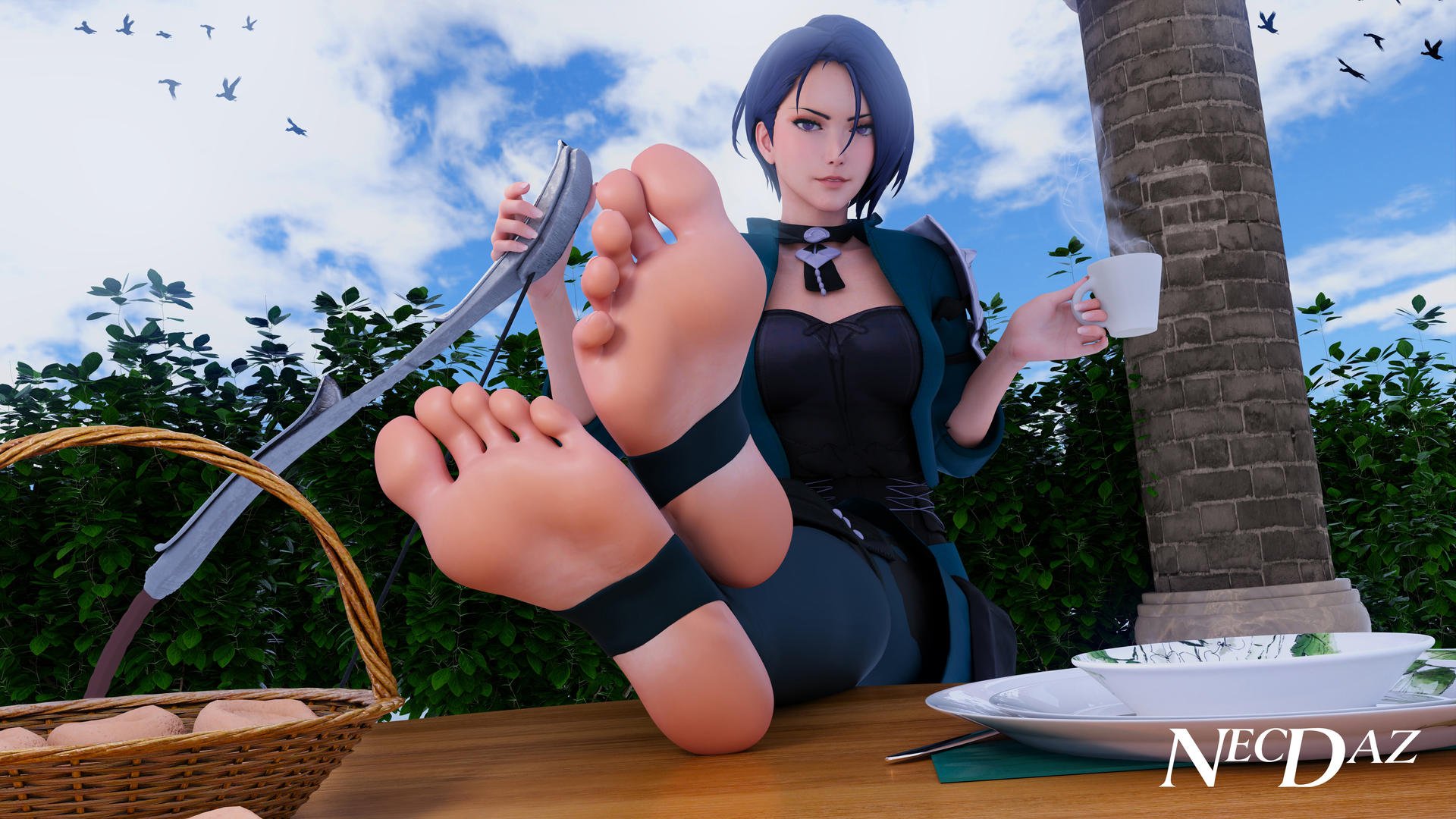 1girls, 3d, absurdres, bangs, barefoot, big breasts, blonde hair, blue suit, bodysuit, breasts, clothed female, feet, feet up, female, female only, fire emblem, fire emblem: three houses, foot focus, foot up, green eyes, highres, large breasts, looking at viewer, necdaz91, nintendo, presenting feet, realistic, shamir nevrand, sitting, soles, solo, source request, toenails, toes, wide hips