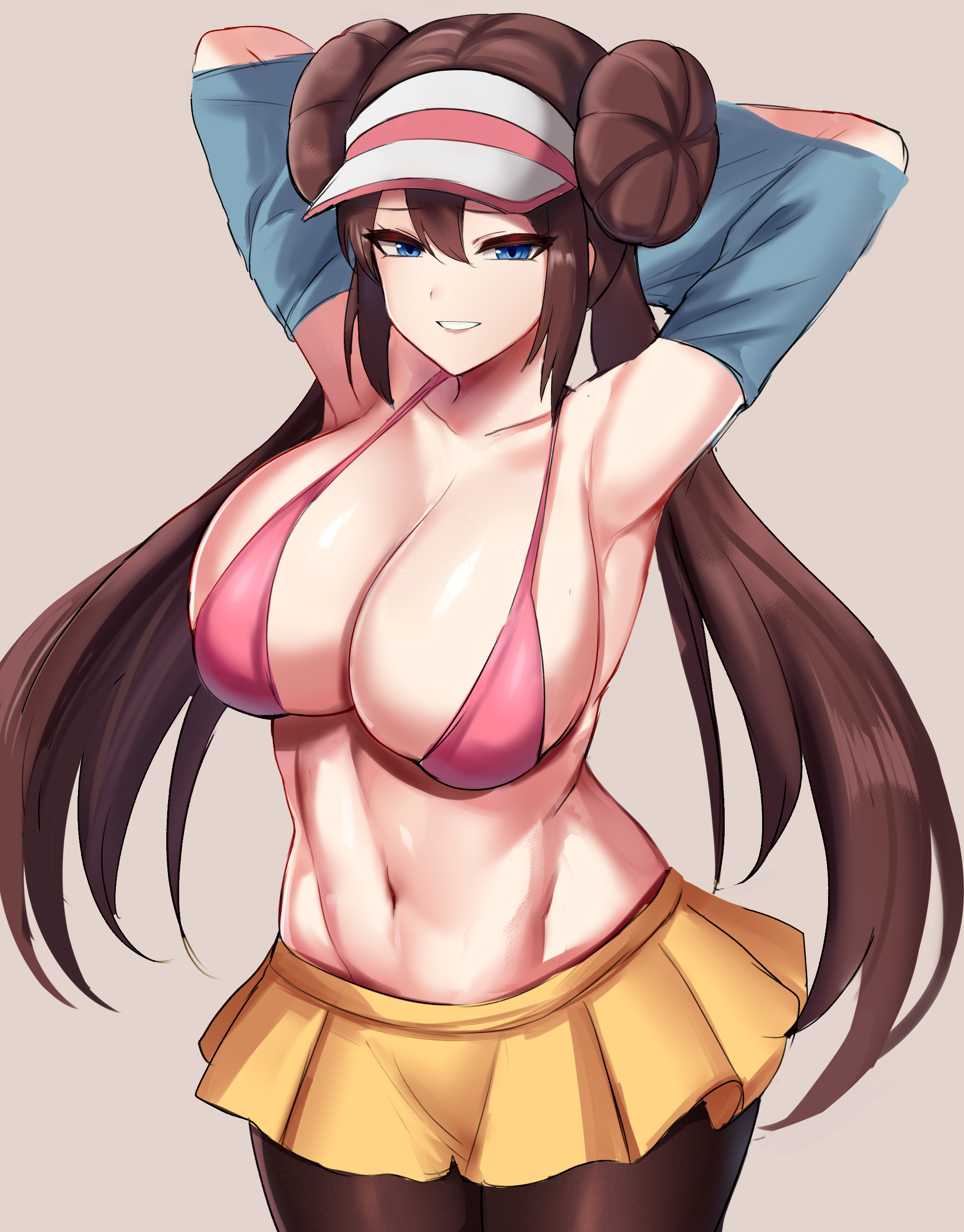 1girls, 2022, alternate breast size, armpits, arms behind head, arms up, belly button, bikini top, blue eyes, breasts, brown hair, commission, edboydraws, female, female only, hat, hips, huge breasts, leggings, long hair, looking at viewer, nintendo, pink bikini top, pokemon, pokemon bw2, rosa (pokemon), short skirt, skirt, slim waist, smile, thick thighs, thighs, twin buns, twintails, visor, visor cap, white hat, wide hips