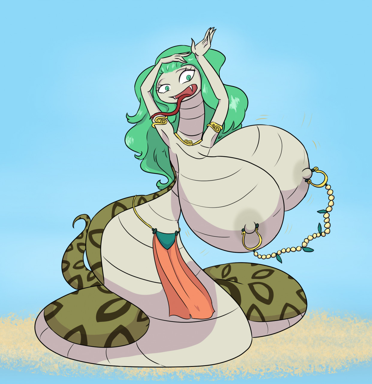 belly dancer, big breasts, boa sandersonia, breasts, da-fuze, female, female only, hebi hebi no mi, model: anaconda, huge breasts, jiggling breasts, lamia, naga, nipple chain, nipple rings, nipples, one piece, reptile, scalie, snake, snake girl, snake tongue