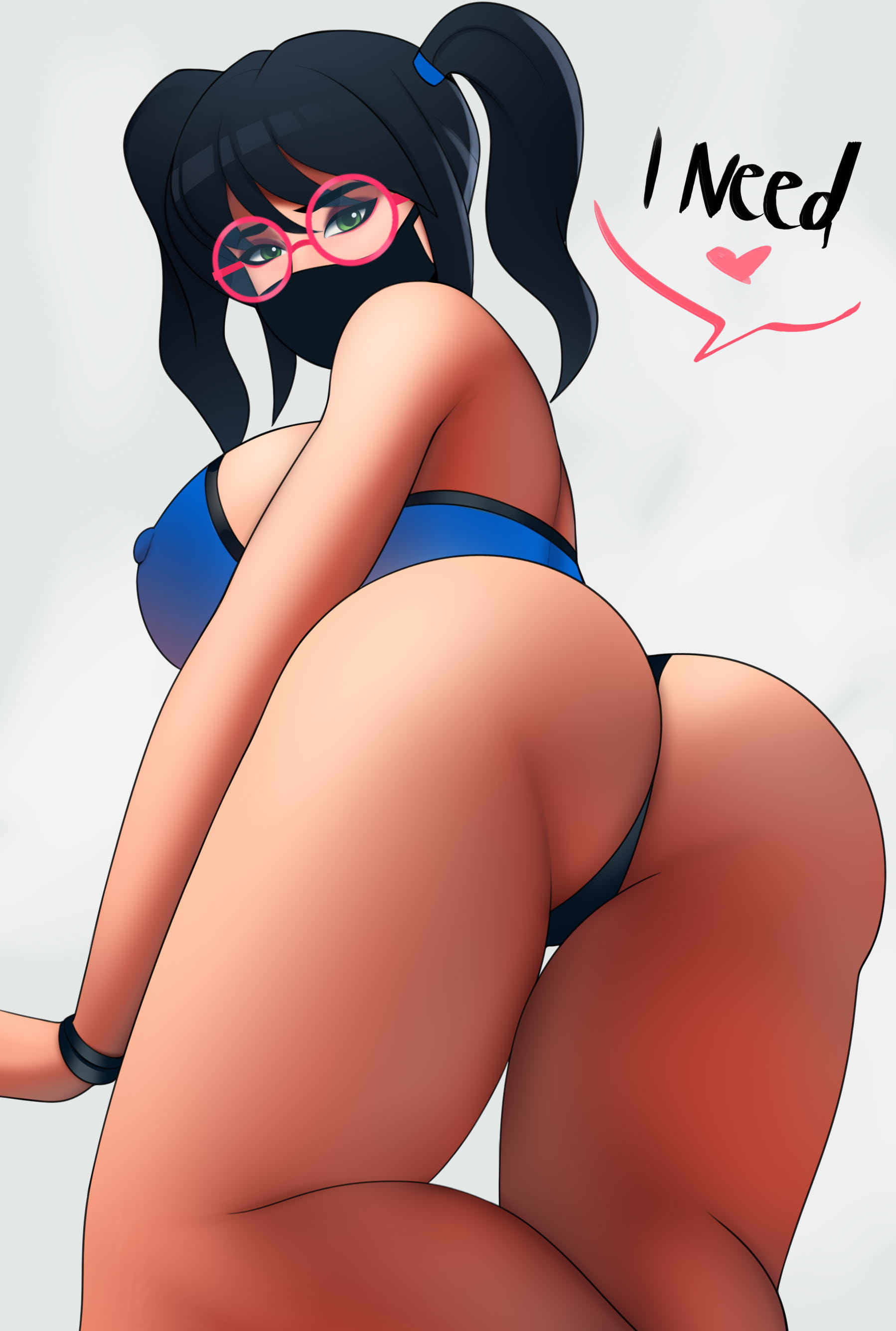 1girls, ass, back view, big ass, big breasts, big butt, bracelet, breasts, cleavage, crystal (fortnite), facemask, female, fortnite, glasses, green eyes, heart, large ass, large breasts, looking at viewer, looking back, low-angle view, mask, nipple bulge, panties, postblue98, sideboob, simple background, solo, solo female, tagme, twintails, white background