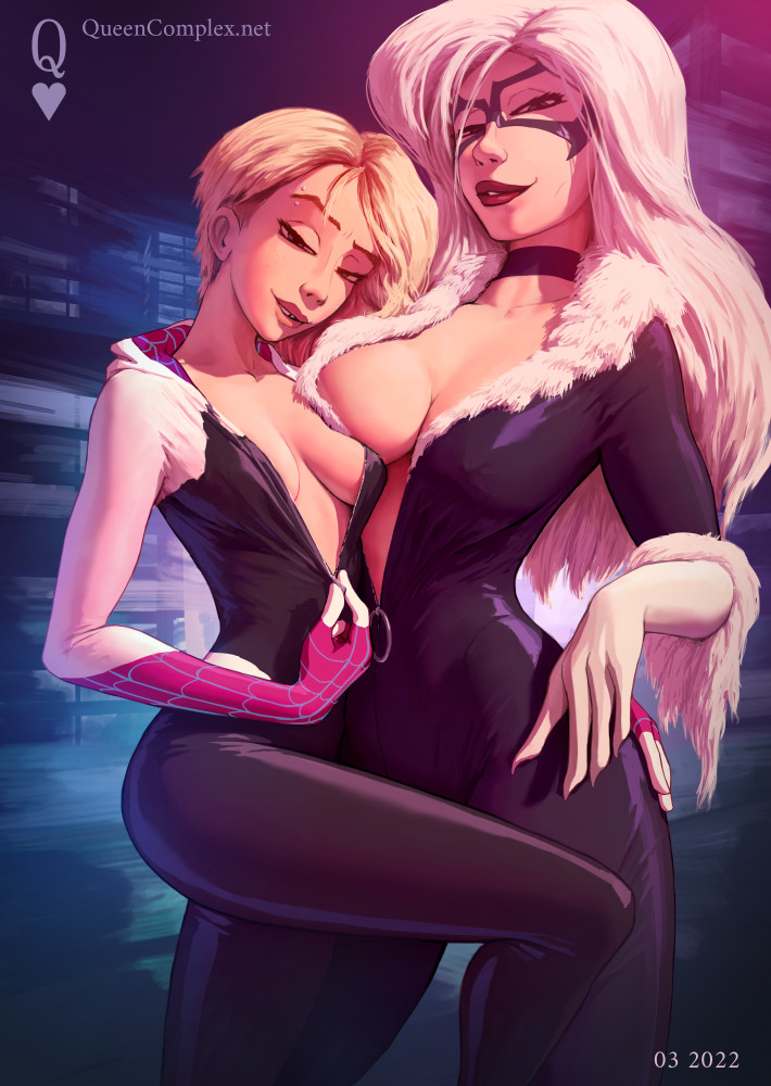 2girls, black cat (marvel), blonde hair, cleavage, eyebrow piercing, felicia hardy, female, female only, gloves, gwen stacy, marvel, marvel comics, mask, multiple females, multiple girls, queencomplex, spider-gwen, spider-man (series), spider-man: into the spider-verse