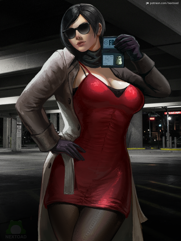 1girls 2d ada_wong ada_wong_(adriana) asian asian_female badge black_hair capcom cleavage dress eyewear fbi female female_only fully_clothed light-skinned_female nextoad pantyhose policewoman resident_evil resident_evil_2 resident_evil_2_remake short_dress solo stockings sunglasses tight_clothing tight_dress tinted_eyewear trenchcoat