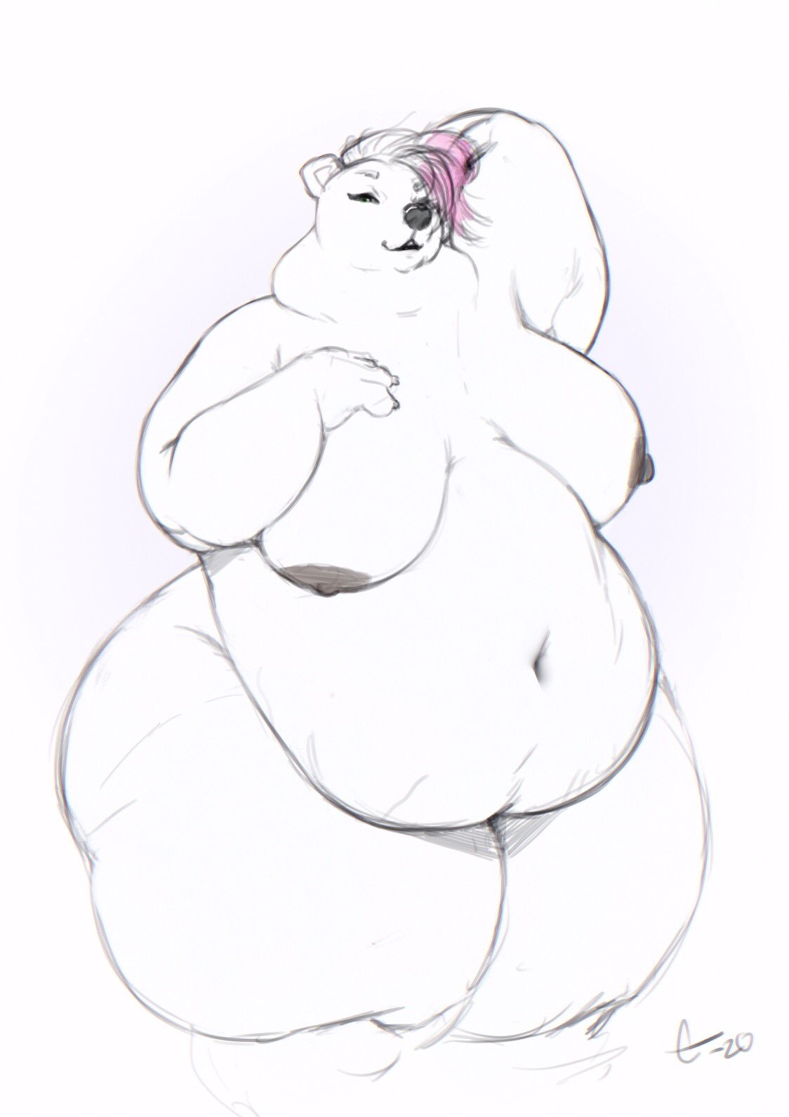 anthro belly big_belly big_breasts breasts curvy_figure emberwick female fur hair hi_res lily_(emberwick) looking_at_viewer mammal navel nipples nude obese obese_anthro obese_female overweight overweight_anthro overweight_female pink_hair signature sketch solo thick_thighs ursid voluptuous white_body white_fur wide_hips