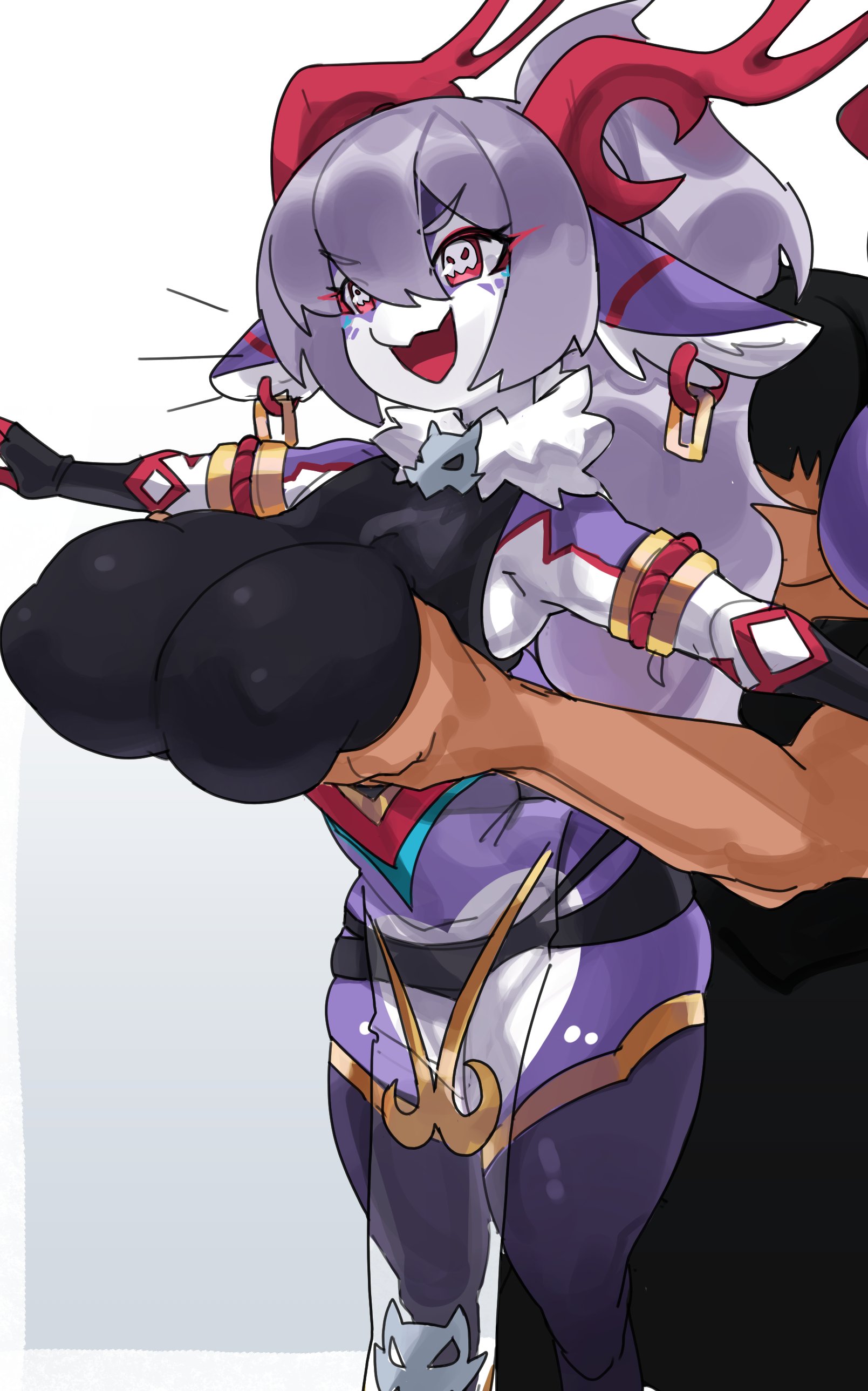 1boy, 1girls, 2021, anthro, areola bulge, big breasts, breast grab, breasts, dragnea (elridalm), ear piercing, female, grope, groping, groping breasts, groping from behind, horn, horns, male, multicolored body, oblivious, purple body, purple skin, shortstack, skimpy clothes, tagme, thick thighs, thighhighs, zanamaoria
