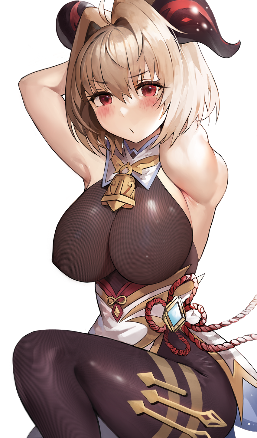 1girls, alternate costume, arcueid brunestud, armpit crease, armpits, arms up, big penis, black legwear, blonde hair, blush, cleavage, cosplay, crossover, female, female only, ganyu (genshin impact) (cosplay), genshin impact, hair intakes, hands behind head, horns, looking at viewer, male, nipple bulge, no bra, pantyhose, penis, red eyes, short hair, sleeveless, solo, suou-sensei, tsukihime, type-moon
