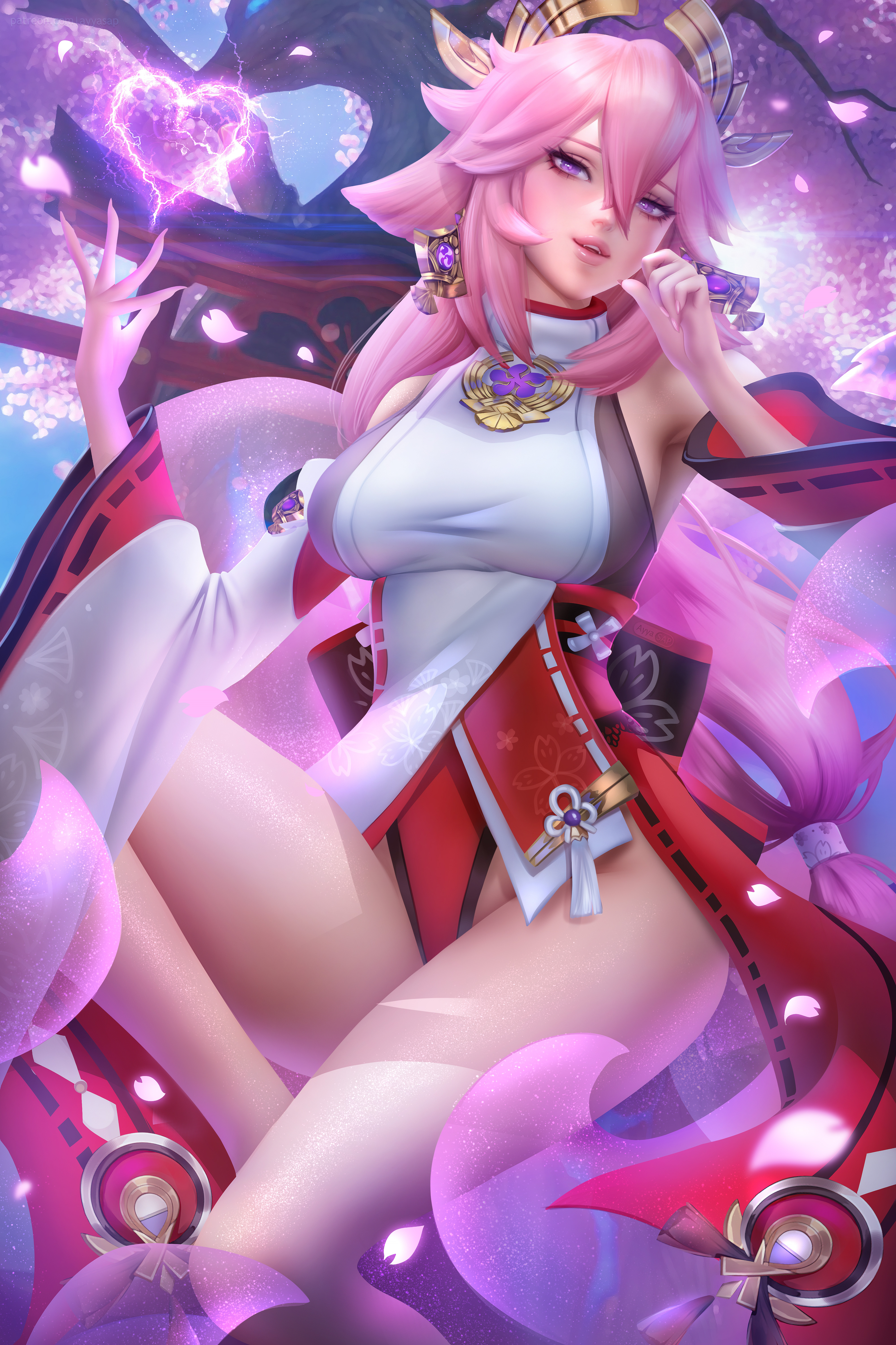 1girls, ayyasap, bangs, bare shoulders, big breasts, breasts, busty, cherry blossoms, clothed female, dress, earrings, female, female focus, female only, floating, fox ears, fox girl, fully clothed, genshin impact, hair ornament, heart, japanese clothes, japanese clothing, kitsunemimi, large breasts, legs, light skin, light-skinned female, lightning, mage, magic, magic user, magical girl, miko, pink hair, purple earrings, purple eyes, shrine maiden, smile, solo, solo female, solo focus, vision (genshin impact), yae miko