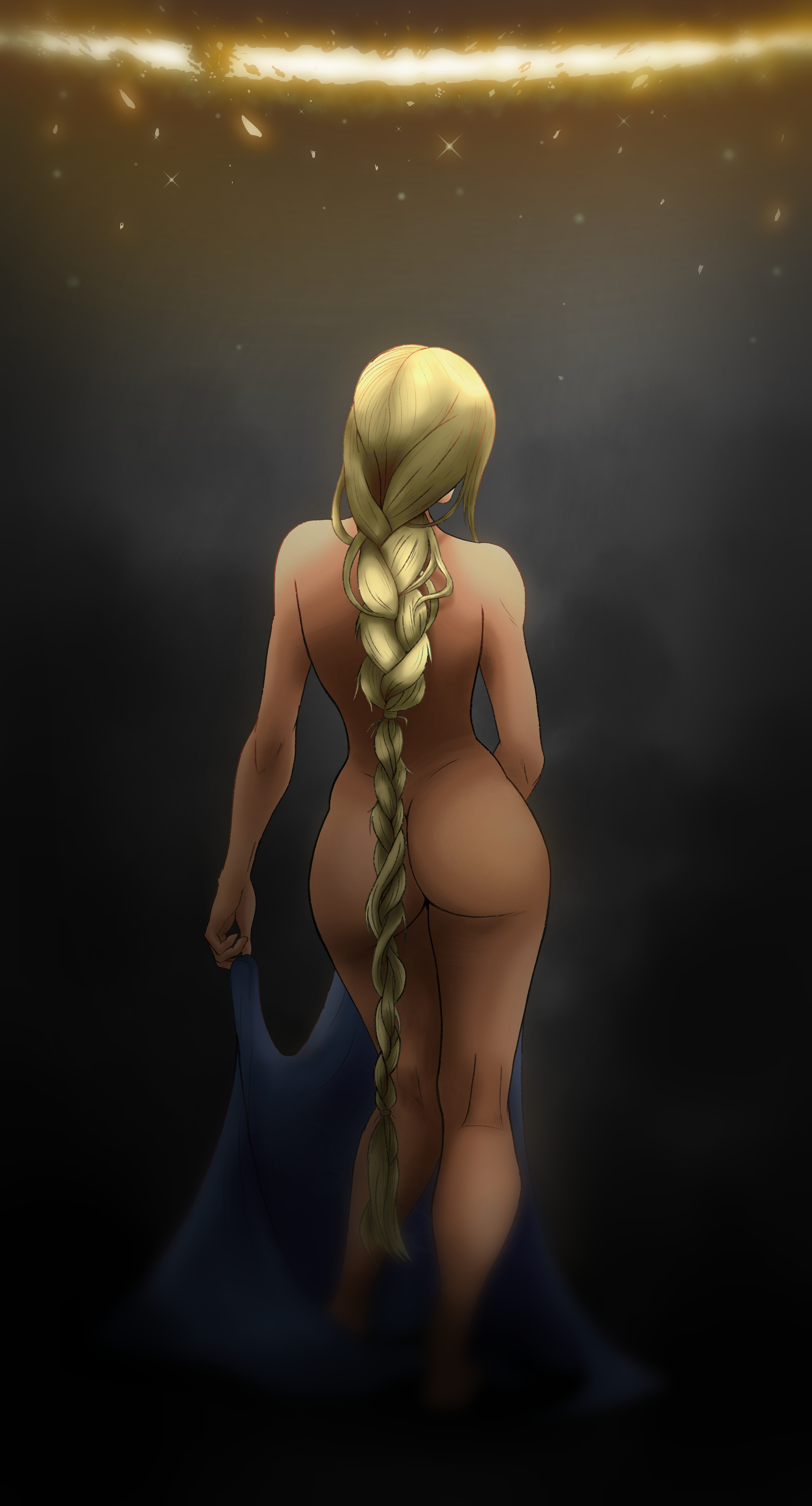 1girls, ass, back view, big ass, blonde hair, braid, braided hair, braided ponytail, completely nude, elden ring, female, female only, fromsoftware, goddess, long hair, mature, mature female, milf, noxdsa, nude, nude female, queen marika the eternal, rear view, single braid, thin waist, very long hair, wide hips