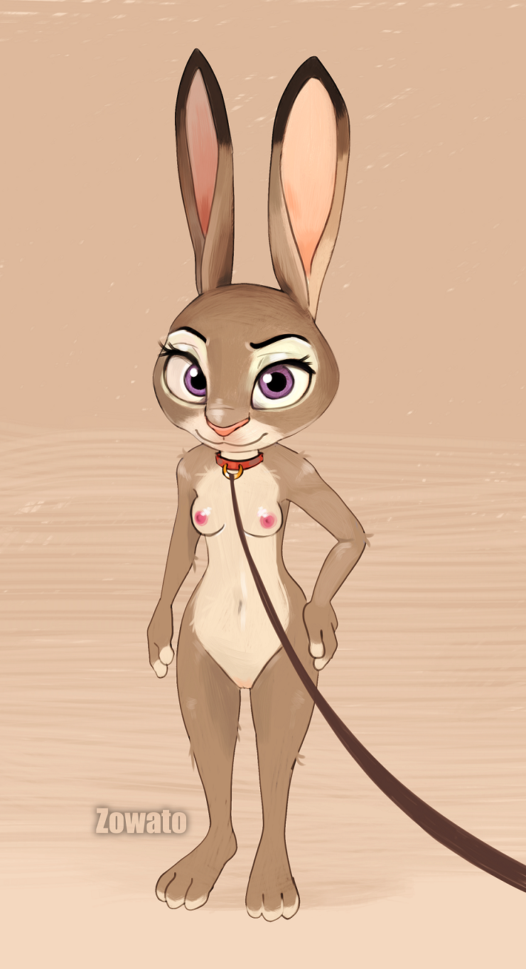 anthro breasts collar collar_pull disney female hi_res judy_hopps lagomorph leash leash_and_collar leash_pull leashed_female leporid looking_at_viewer mammal nipples rabbit size_difference slave small_breasts smaller_female solo zootopia zowato