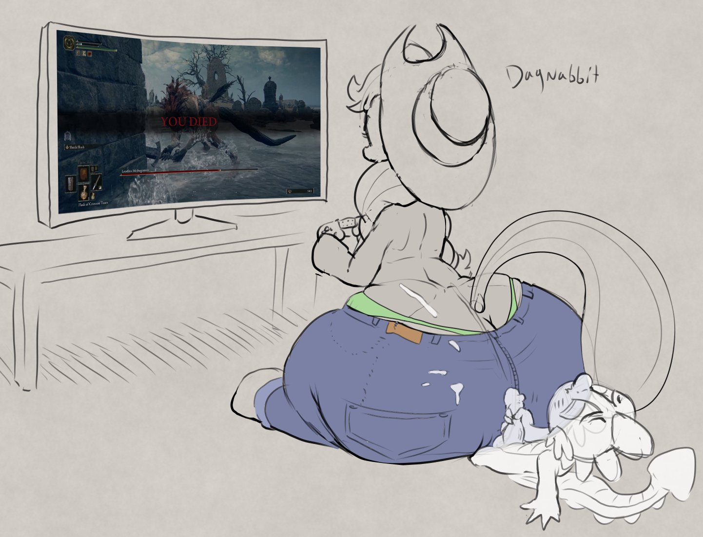 2022, anthro, applejack (mlp), ass, ass cleavage, ass crack, balls, big ass, big butt, blush, bodily fluids, bottomwear, bubble ass, bubble butt, butt crack, chubby, closed eyes, clothing, controller, cowboy hat, cum, cum on pants, denim, denim bottomwear, denim clothing, denim jeans, dialogue, dragon, duo, elden ring, english text, equid, equine, female, feral, friendship is magic, fromsoftware, game controller, gaming, genital fluids, genitals, hat, headgear, headwear, horse, huge ass, huge butt, jeans, lying, male, male/female, mammal, masturbation, my little pony, mythological creature, mythological scalie, mythology, on back, panties, pants, partially colored, parumpi, penis, playing videogame, pony, rear view, scalie, sitting, sketch, smothering, spike (mlp), tail, text, thick thighs, thong, thong above pants, thong straps, underwear, video games, wide hips