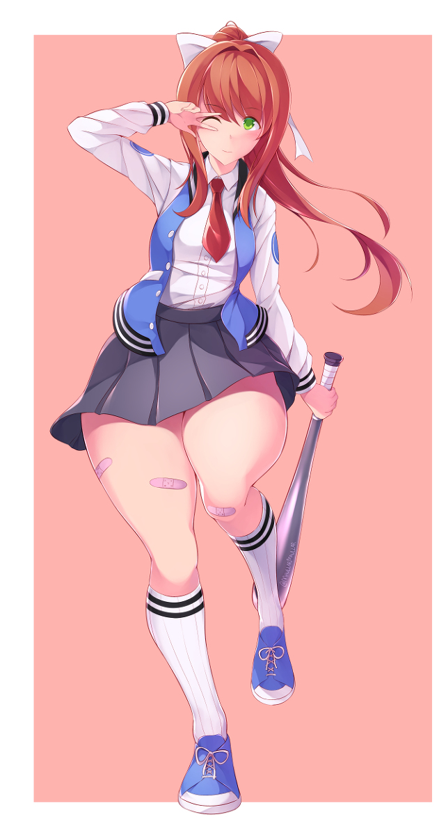 alternate_costume baseball_bat bottom_heavy cosplay curvy doki_doki_literature_club female footwear human jacket kyoko_(kunio-kun) legwear letterman_jacket maullarmaullar monika_(doki_doki_literature_club) narrow_shoulders orange_hair outerwear pale_skin peace_sign pear_shaped petite redhead river_city_girls school_uniform small_breasts thick_thighs thin_arms thin_waist tie varsity_jacket weapon wide_hips wink