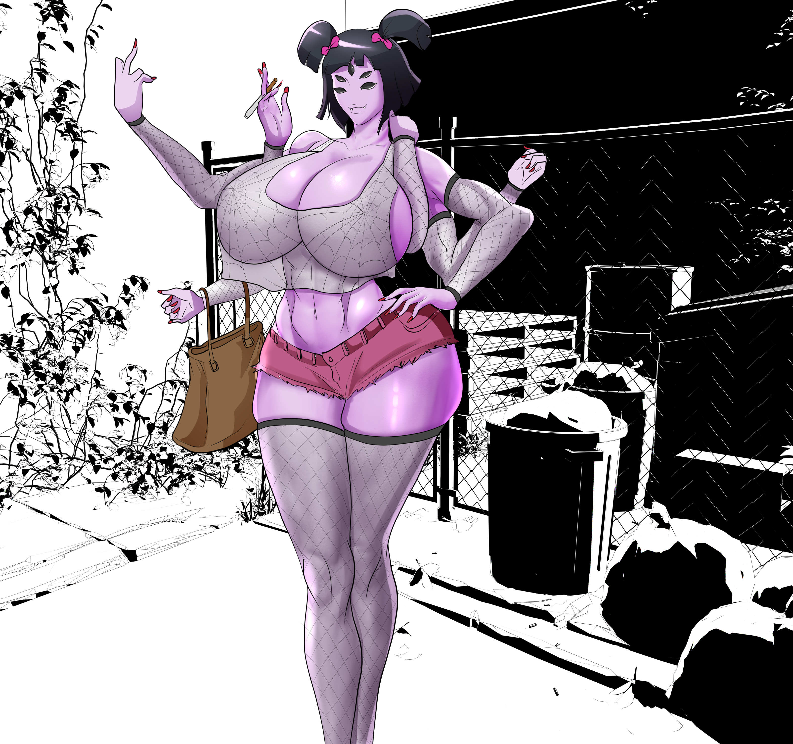 alley, anthro, curvaceous, exhibitionism, female, female only, fishnets, muffet, prostitution, smoking, spider, undertale, unit009