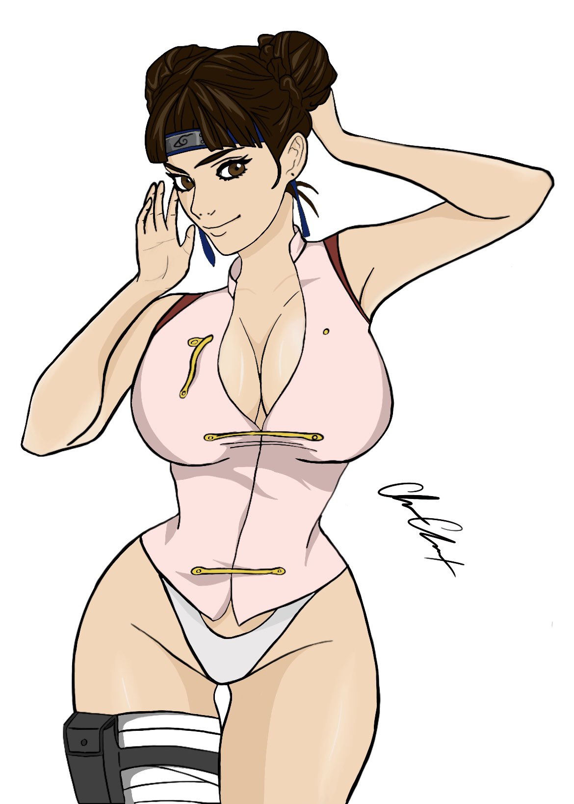 almost naked, alternate costume, artist signature, bandaged leg, bandages, barely clothed, blunt bangs, boruto: naruto next generations, bottomless, breasts, c2.sketch, curvaceous, curvy, curvy female, curvy figure, double bun, earrings, eyelashes, female, forehead protector, hair bun, half-dressed, highleg, highleg panties, hourglass figure, konohagakure symbol, legs together, light skin, light-skinned female, looking at viewer, mature, mature female, milf, mostly nude, naruto, naruto (classic), naruto (series), no bra, panties, partially clothed, pinup, plain background, posing, shiny hair, shiny skin, shirt, simple background, skimpy, skimpy clothes, sleeveless, sleeveless shirt, slim waist, small clothes, smile, tenten, vest, watermark, white background, wide hips