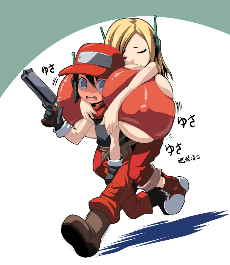1boy, 1girls, blush, breasts, bursting breasts, carrying, cave story, cleavage, curly brace, female, firearm, footwear, gigantic breasts, gun, handgun, head between breasts, headwear, huge breasts, kloah, male, nipple bulge, nipples, pale skin, piggyback, quote (cave story), robot, robot girl, sleeping, underboob, weapon