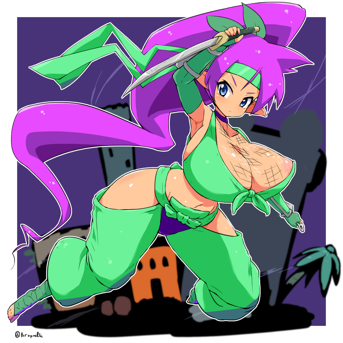 1girls, alternate costume, bea (adfhbcf4326), breasts, female, female only, harem pants, headband, huge breasts, long hair, ninja, perky breasts, shantae, shantae (character), smooth skin, solo, sword, wide hips