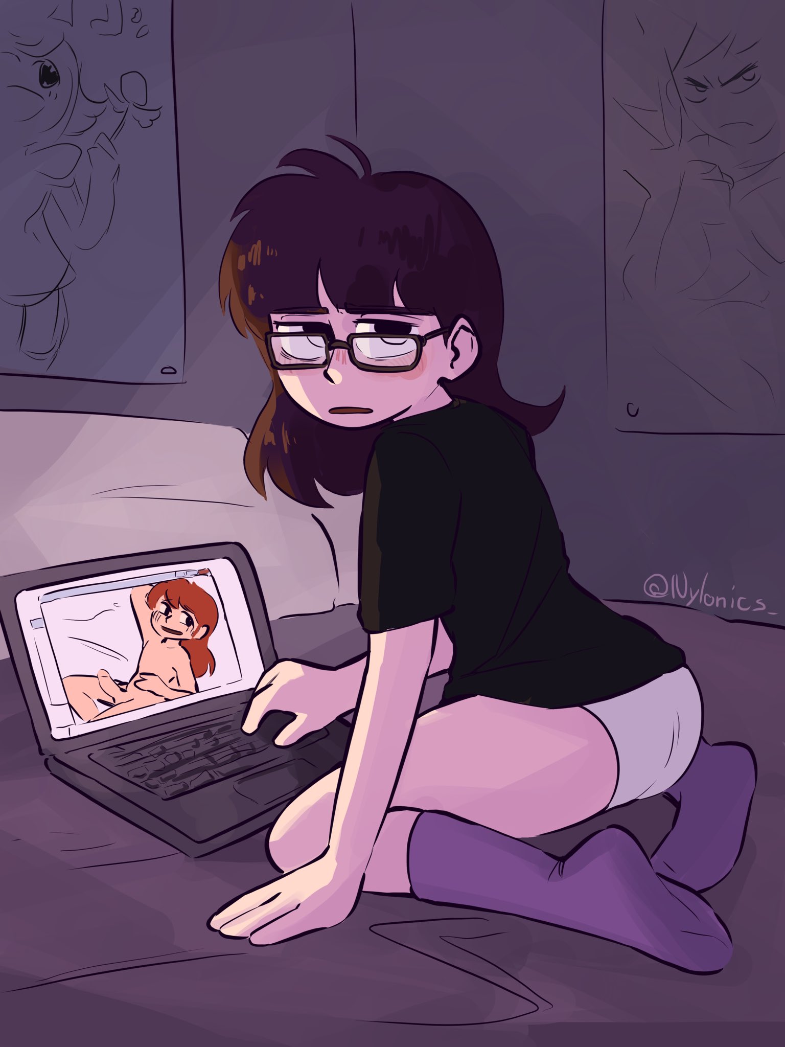 1boy, 1girls, artist name, ass, bed, brown hair, clothed, clothing, computer, female, fully clothed, glasses, laptop, male, neet, nerd, nerdy female, nylonics, panties, penis, purple socks, socks, solo, watching porn, white panties