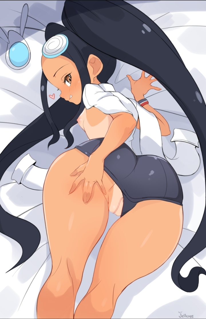 1girls, ass, breasts, female, jellcaps, nipples, original character, pika (jellcaps), pussy, small breasts, solo, swimsuit, swimsuit aside, tanline, tanlines, top-down bottom-up