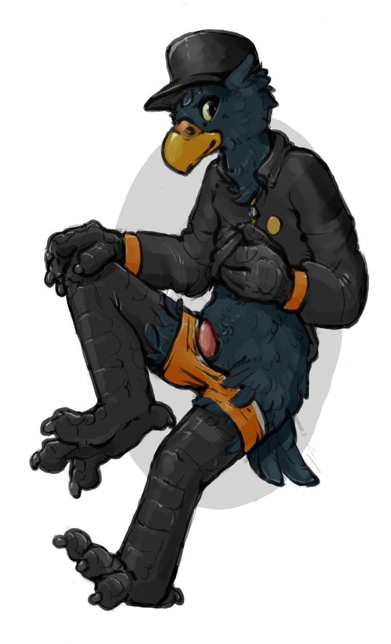 1boy anthro avian beak bird bird_feet black_legs clothed clothing feathers genitals germ_warfare_(nitw) hand_on_knee hand_on_leg hat headgear headwear hi_res looking_at_viewer male male_only night_in_the_woods orange_clothing orange_underwear partially_clothed penis shirt_up showing_penis simple_background tapering_penis underwear underwear_down video_games yellow_eyes zterry