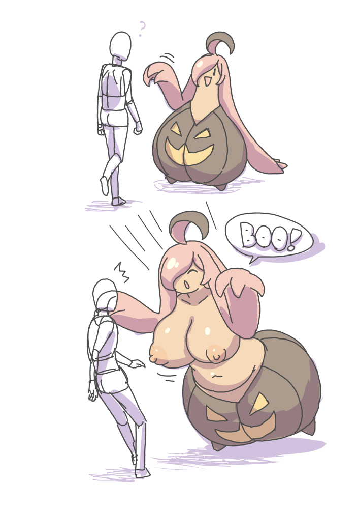 ass, big breasts, breasts, female, gourgeist, hair over one eye, male, pokemon, pokemon (species), thick ass, thick thighs, tummy, yoshino norihito