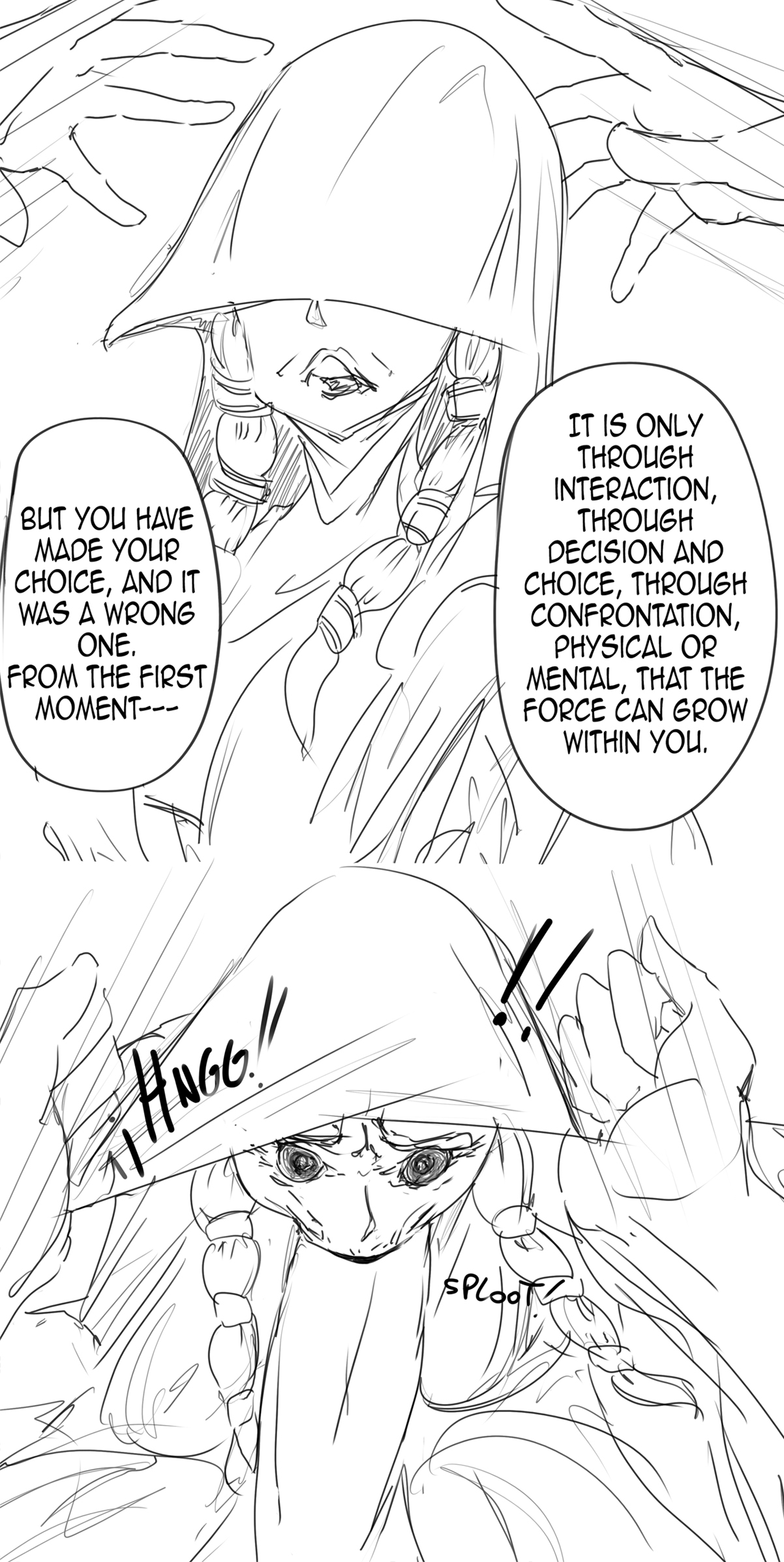 1boy, 1girls, 2d, blowjob, dialogue, english text, female, forced, forced oral, gilf, glassbuttboy, hood, instant loss 2koma, knights of the old republic (series), knights of the old republic 2, kreia, male, mature female, monochrome, sketch, speech bubble, star wars, text